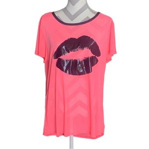 Free Kisses neon hot pink lips graphic sheer mesh shirt